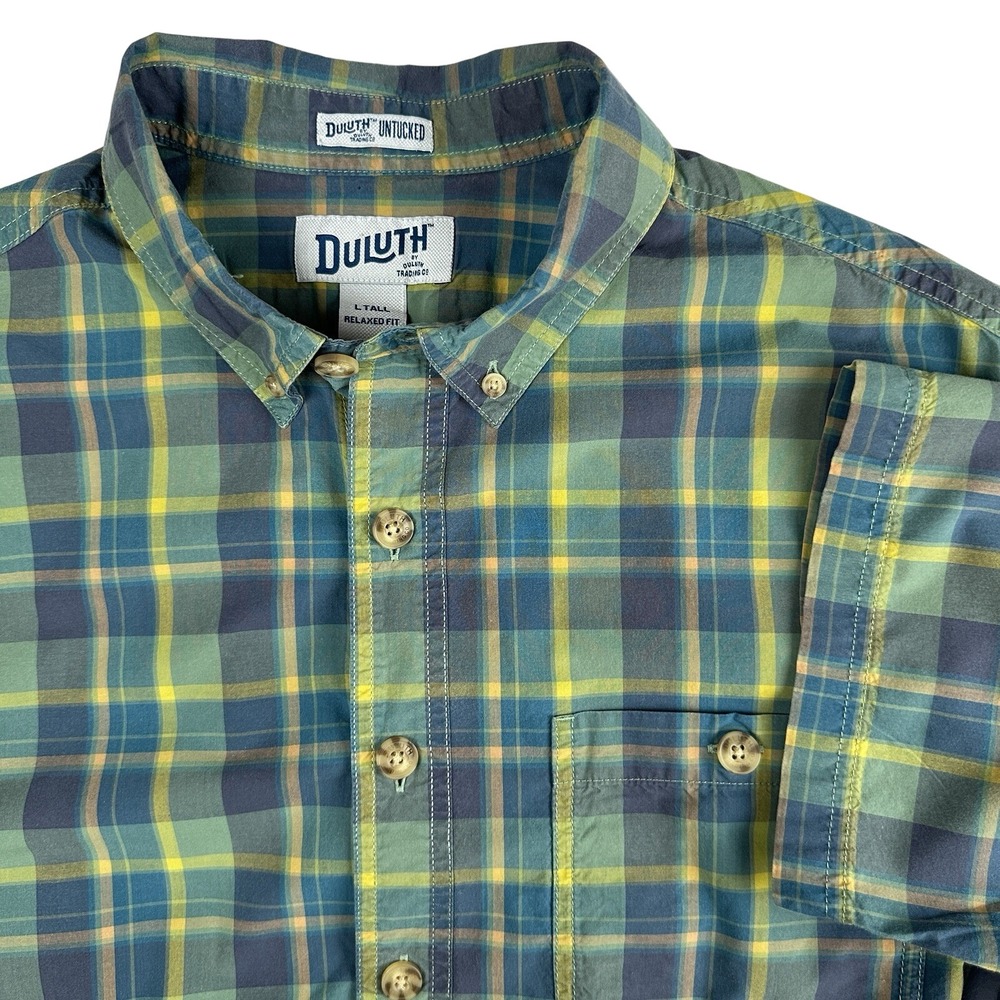 Duluth Untucked‎ Shirt Men's L Tall Relaxed Fit Button Down Green Plaid